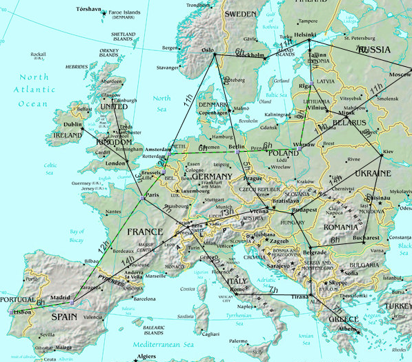 Visualización de un sistema de transporte sobre el mapa de Europa