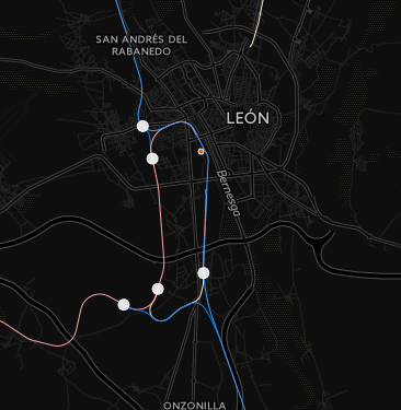 Intersecciones entre líneas en las proximidades de León.