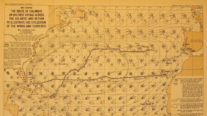 Mapa con el primer viaje de Cristóbal Colón donde se muestra la ruta seguida por las naves y su coincidencia con las corrientes y vientos dominantes en el Océano Atlántico.
